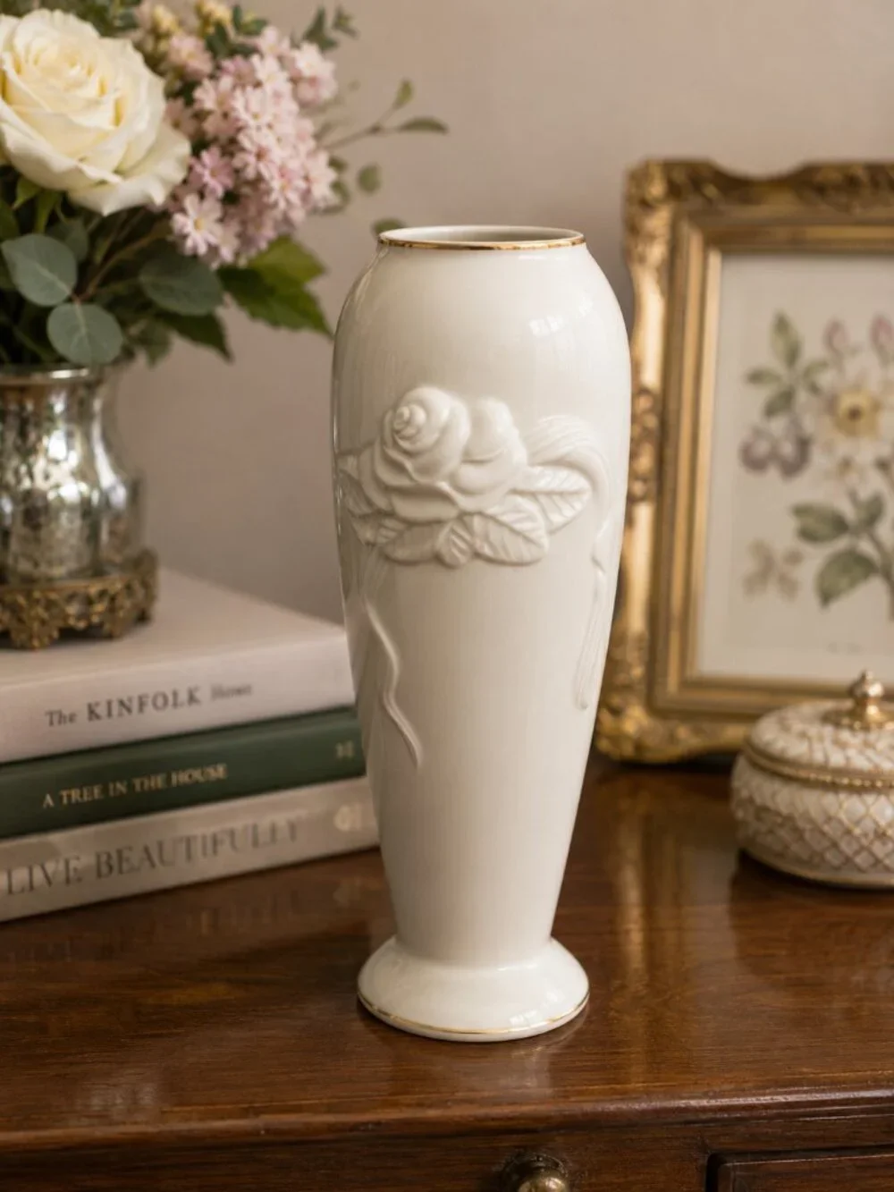Vintage Lenox Ivory Rose Vase 24K Gold Trim Embossed Porcelain 7.5